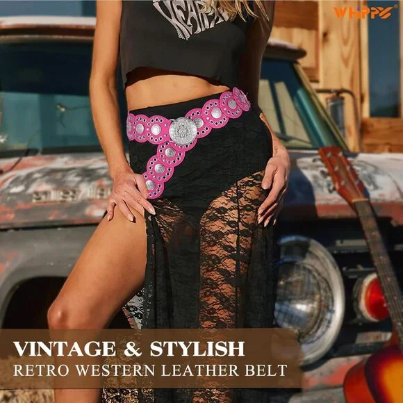 Women Vintage Disc Waist Concho Leather Belt Boho Waist Belt Rose Red Silver